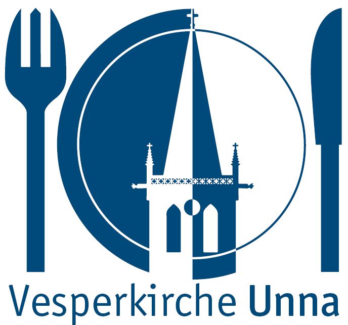 Logo der Vesperkirche Silhouette der Kirche in einem Kreis, links und rechts davon Messer und Gabel